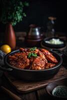 Chunks of chicken in a spicy sauce and sesame seeds. From a series of Food Korean cuisine. photo