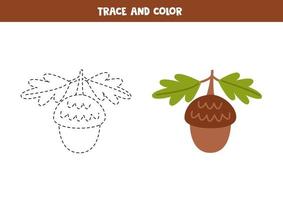 Trace and color cartoon cute acorn. Worksheet for children. vector