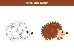 Trace and color cartoon hedgehog. Worksheet for children. vector