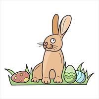 Vector color illustration of hare with eggs in the grass with black line stroke. Easter, spring, summer theme.
