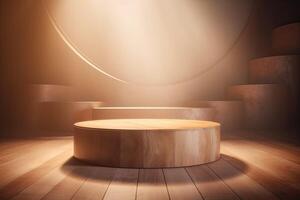 One brown wooden round cylinder product stage podium on orange background. Minimal fashion theme. Geometry exhibition stage mockup concept. 3D illustration rendering graphic design. . photo