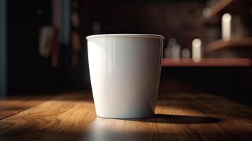 Paper Cup of coffee on wooden wall background. Generative Ai photo