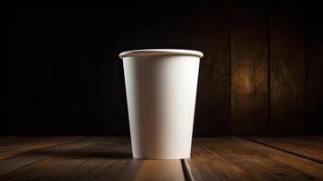 Paper Cup of coffee on wooden wall background. Generative Ai photo