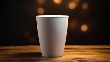 Paper Cup of coffee on wooden wall background. photo