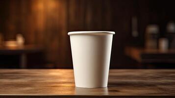 Paper Cup of coffee on wooden wall background. photo