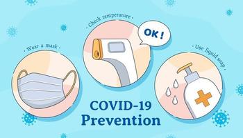 consejos para covid-19 prevención, vestir un mascarilla, cheque temperatura y utilizar lavar manos frecuentemente vector