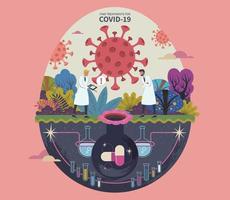 Scientists finding treatments for COVID-19 in beautiful garden, flat design conceptual illustration with giant capsules and flasks hiding underground vector