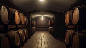 brewery cellar background, barrels, wine or beer, photo