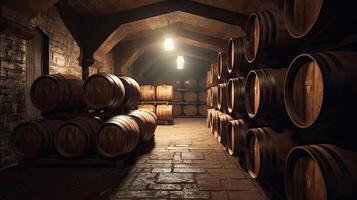 brewery cellar background, barrels, wine or beer, photo