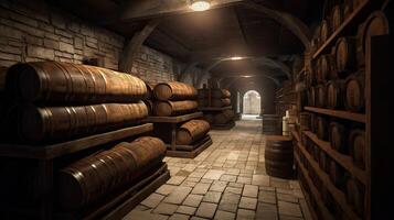 brewery cellar background, barrels, wine or beer, photo