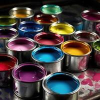 Set of opened colorful paint cans photo