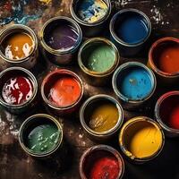 Set of opened colorful paint cans photo