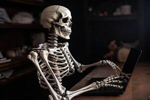 Skeleton businessman working in the office. dead skeleton working at office. . photo