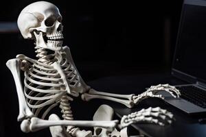 Skeleton businessman working in the office. dead skeleton working at office. . photo