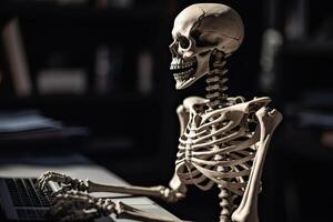 Skeleton businessman working in the office. dead skeleton working at office. . photo