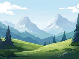 illustration of Flat summer cartoon landscape. Fields with trees and mountains in the background. . photo