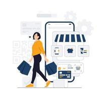 E commerce online purchase phone shopping, Woman carrying shopping bags next to mobile phone concept illustration vector