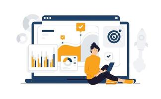 Businesswoman sit with laptop looking at chart to analyzing growth, Site stats, Data inform, Statistics, monitoring financial reports and investments concept illustration vector