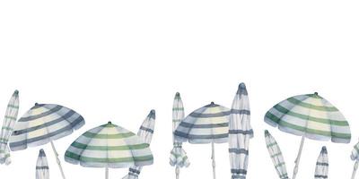 Hand drawn watercolor striped beach chair and umbrella. Seamless horizontal banner. Isolated on white background. Design for wall art, wedding, print, fabric, cover, card, tourism, travel booklet. vector