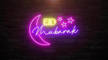 Eid mubarak in wall background with neon animation. Seamless loop video