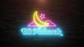 Eid mubarak in wall background with neon animation. Seamless loop video