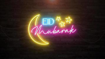 Eid mubarak in wall background with neon animation. Seamless loop video