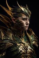 Male dragon daemon warrior in green and gold armor photo