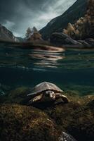 Tropical paradise template with sunlight. Ocean surfing wave breaking and turtles diving underwater. . photo