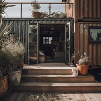 Modern metal building made from shipping containers and in forest and blue sky background. container house design in forest. photo