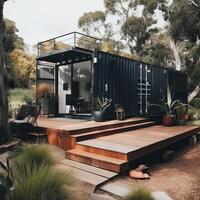 Modern metal building made from shipping containers and in forest and blue sky background. container house design in forest. photo