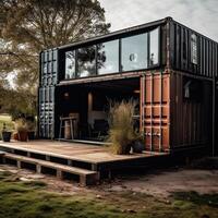 Modern metal building made from shipping containers and in forest and blue sky background. container house design in forest. photo