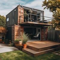 Modern metal building made from shipping containers and in forest and blue sky background. container house design in forest. photo