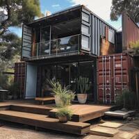 Modern metal building made from shipping containers and in forest and blue sky background. container house design in forest. photo