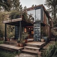 Modern metal building made from shipping containers and in forest and blue sky background. container house design in forest. photo