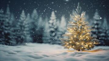 Christmas tree and Christmas lights on abstract snowy landscape background, Xmas background concept with advertising space. . photo