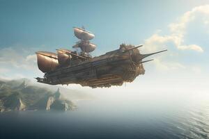 3D illustration futuristic of a Pirate ship sailing on the sky. . photo