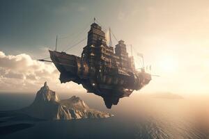 3D illustration futuristic of a Pirate ship sailing on the sky. . photo