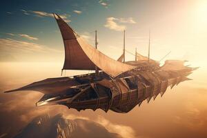 3d ilustración futurista de un pirata Embarcacion navegación en el cielo. generativo ai. foto