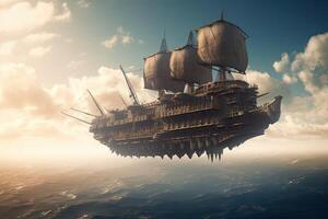 3D illustration futuristic of a Pirate ship sailing on the sky. . photo