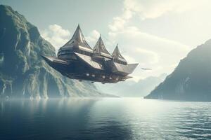 3D illustration futuristic of a Pirate ship sailing on the sky. . photo