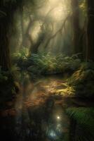 the little lake in an enchanted magical forest in the morning in a fog in the sun, trees in a haze of light, glowing fog among the trees. . photo