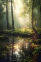 the little lake in an enchanted magical forest in the morning in a fog in the sun, trees in a haze of light, glowing fog among the trees. . photo