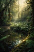 the little lake in an enchanted magical forest in the morning in a fog in the sun, trees in a haze of light, glowing fog among the trees. . photo