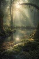 the little lake in an enchanted magical forest in the morning in a fog in the sun, trees in a haze of light, glowing fog among the trees. . photo