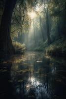 the little lake in an enchanted magical forest in the morning in a fog in the sun, trees in a haze of light, glowing fog among the trees. . photo