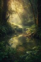 el pequeño lago en un encantado mágico bosque en el Mañana en un niebla en el sol, arboles en un calina de luz, brillante niebla entre el arboles generativo ai. foto