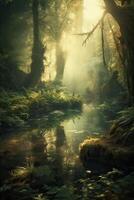 the little lake in an enchanted magical forest in the morning in a fog in the sun, trees in a haze of light, glowing fog among the trees. . photo