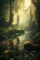 el pequeño lago en un encantado mágico bosque en el Mañana en un niebla en el sol, arboles en un calina de luz, brillante niebla entre el arboles generativo ai. foto