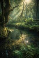 the little lake in an enchanted magical forest in the morning in a fog in the sun, trees in a haze of light, glowing fog among the trees. . photo