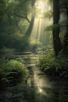 the little lake in an enchanted magical forest in the morning in a fog in the sun, trees in a haze of light, glowing fog among the trees. . photo